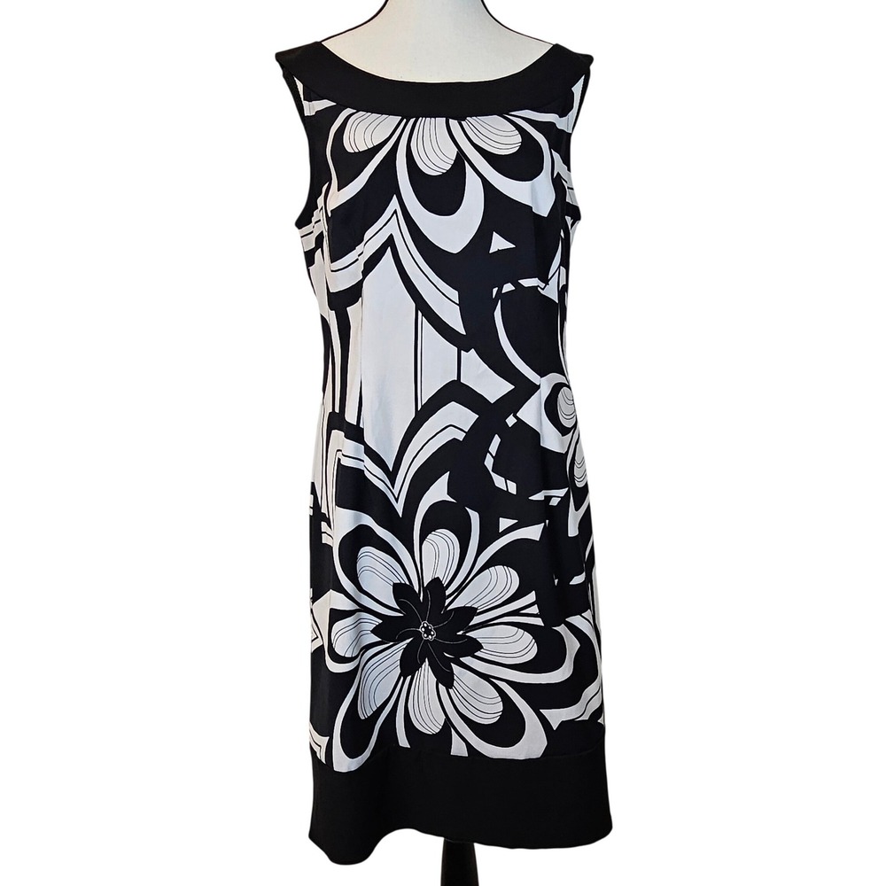 CONNECTED APPAREL Black White Bold Large Floral Sheath Dress 12 Mod Career